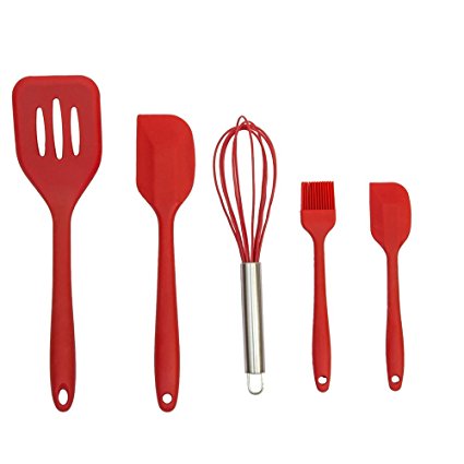 Silicone Kitchen Baking Utensil Set,Spatula Spoon Mixing Basting Brush Egg Whisk,Silicone Anti-Bacterial Kitchen Utensils Set in Hygienic Solid Coating(5 Piece Red).