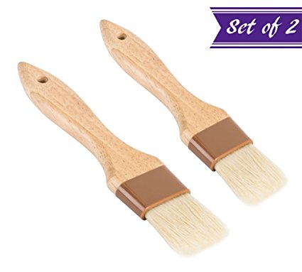 Set of 2 Pastry Brushes, 1-Inch and 1 1/2-Inch Width Natural Boar Bristle Pastry Brushes, Lacquered Hardwood Basting Brushes, Cooking / Baking Brushes