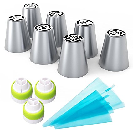 SUPOW 7-peices Russian Piping Tips - Set of 13-Piece Cake Decorating Nozzles With 3 different Size Silicone Piping Bags + 3 Tri-color Coupler Decorating Tool