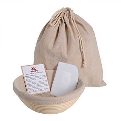 Round 8.5 inch Banneton Proofing Basket Baking Set (500g Dough) for Rising Sourdough Bread with Bowl Scraper & Brotform cloth Liner & Artisan Bread Loaf Bag