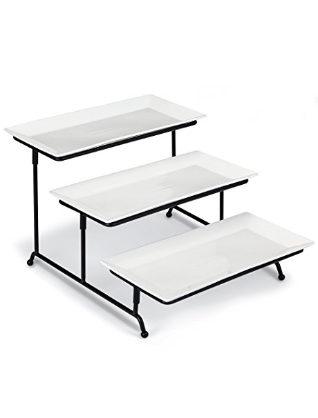 Klikel 3 Tiered Cake Stand - Metal Rack – 3 Rectangular White 12x6 Porcelain Plates, Microwave And Dishwasher Safe - Buffet, Wedding And Dinner Party Centerpiece - Dessert Serving Platter