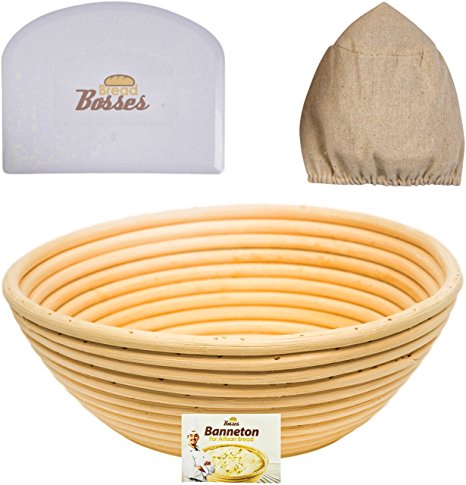 9 inch Banneton Proofing Basket Set - for Professional & Home Bakers (Sourdough Recipe) w/Bowl Scraper & Brotform Cloth Liner for Rising Round Crispy Crust Baked Bread Making Dough Shape Loaf Boules