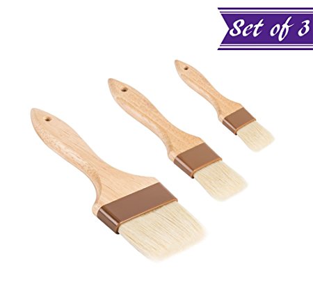 3-Piece Pastry Brush Set, 1-Inch, 2-Inch, 3-Inch Width Natural Boar Bristle Pastry Brushes, Lacquered Hardwood Basting Brushes, Cooking / Baking Brushes