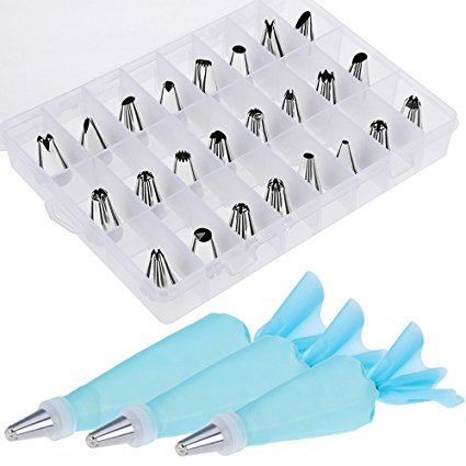 Vastar 30 in 1 Cake Decorating Supplies, 24 Pieces Professional Stainless Steel DIY Icing Tip Set Tools with 3 Reusable Coupler & Storage Case & 3 Sizes Reusable Silicone Cake Decorating Pastry Bags