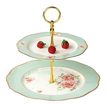 Linlins Elegant Bone China Blue Strip 2-tier Cake Stand/ Cupcake Stand/ Pastry Serving Cake Stand in Gift Box