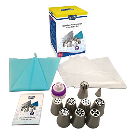 Utilwise Russian Piping Tips 14 PCS Set (7 Russian Tips, 1 Sphere Tip, 1 Leaf Tip, 1 Tri-Coupler, 1 Reusable Silicone Pastry Bag, 3 Disposable Pastry Bags Extra Large 304 Steel Instructions Included