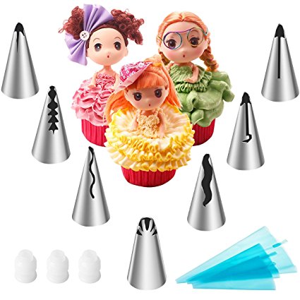 LOHOME Russian Piping Tips 13 Pieces/Set - Icing Tips Kits for Doll Cake Princess Dress - 7 Large Size Piping Nozzles [304 Stainless Steel] + 3 Couplers + 3 Size Reusable Decorating Bags