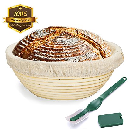 9 Inch Bread Proofing Basket,WERTIOO Banneton Proofing Basket + Dough Scraper + Linen Liner Cloth for Professional & Home Bakers (Sourdough Recipe)