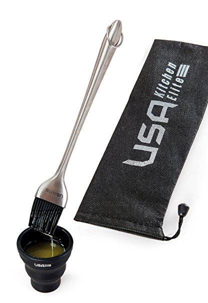 Grill Basting Brush | Folding Cup | Storage Bag By USA Kitchen Elite - 12 Inch Stainless Steel Handle With Silicone Bristles - Baste Food On The Grill With Ease - Ideal Pastry Brush & Barbecue Brush