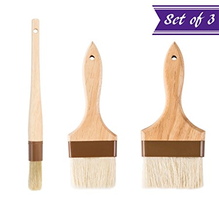 3-Piece Pastry Brush Set, 3-Inch and 4-Inch Flat Wide plus 1-Inch Round Brushes with Boar Bristles, Lacquered Hardwood Handle, Grill, BBQ Sauce Baster Baking Cooking Marinade Brushes