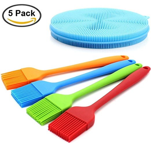 [Pack of 5]Ybetter Antibacterial Silicone Basting BBQ Pastry Oil Brush & Silicone Sponge Cleaning Brush, Perfect Use for Cooking, Grilling, Marinating, Turkey Baster, Desserts Bake, Cleaning