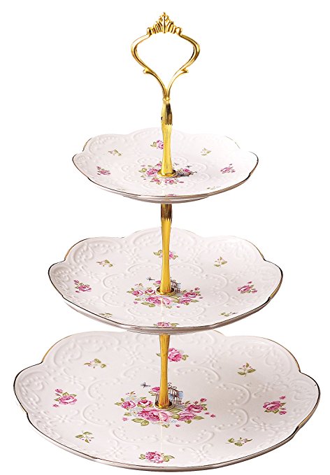 Jusalpha Elegant Embossed 3-tier Ceramic Cake Stand- Cupcake Stand- Tea Party Pastry Serving platter in Gift Box (FL-Stand 03) (3 Tier)