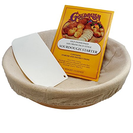 Happy Sales HSBSK-9, Artisan Bread Starter Kit Includes; Banneton Proofing Basket, Bowl Scraper, Basket Liner, and Dough Starter