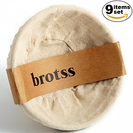 9 items Banneton Proofing Basket Set w/Artisan Bread Stencils, Cloth Liner Linen, Bowl Scraper for All Bakers/Sourdough Recipe, Brotform Rising Making Round Baked Crispy Dough Crust Boules Loaf Shape