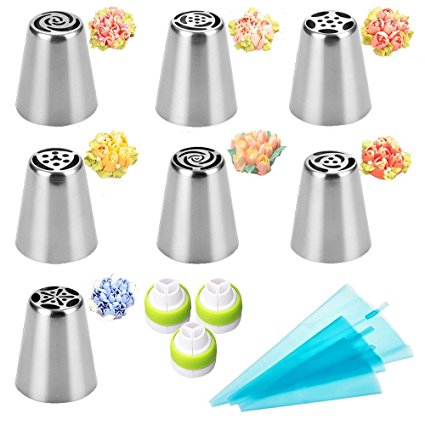 YOUDirect Russian Piping Tips - 13pcs Set Icing Tips for Cake Decorating (7 Russian Tips + 3 Tri-color Couplers + 3 Silicone Pastry Bags) (13pcs) (White)