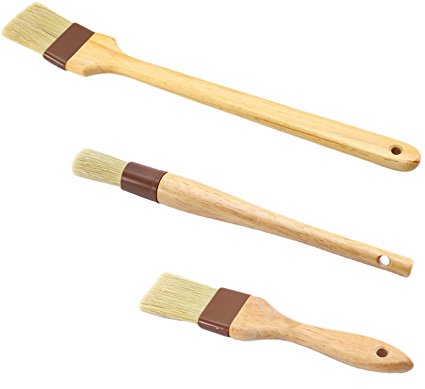 3 Piece Assorted Pastry Brush Set, Flat Head, Round Head, Boar Bristles, Wood Handle