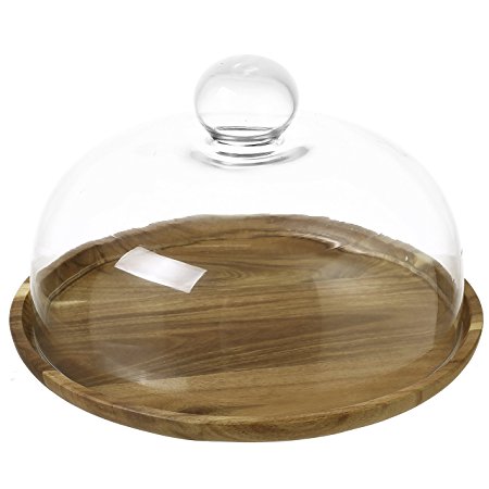 9 Inch Clear Glass Dessert & Cheese Cloche Dome with Acacia Wood Serving Tray