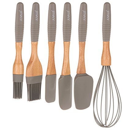 6-Piece Kitchen Gadgets Set - Silicone Cooking and Baking Utensil Supplies with Beech Wood Handles, Includes Spatula Turners, Egg Whisk, and Basting Brushes