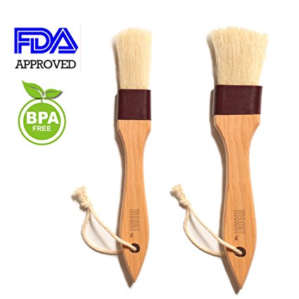 MSART Wooden Pastry Brush Natural Bristle Set Basting/Food Brush, with Beech Wood Handle and Rope Hook, Great for Butter, Cookies, Oil, Bread, Frosting. Easy to Clean, 1 inch & 1.5 inch