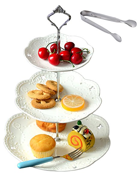 Jusalpha 3-tiered White Ceramic Cake Stand Dessert Stand-Cupcake Stand-Tea Party Serving Platter, home decor (3RW Silver)