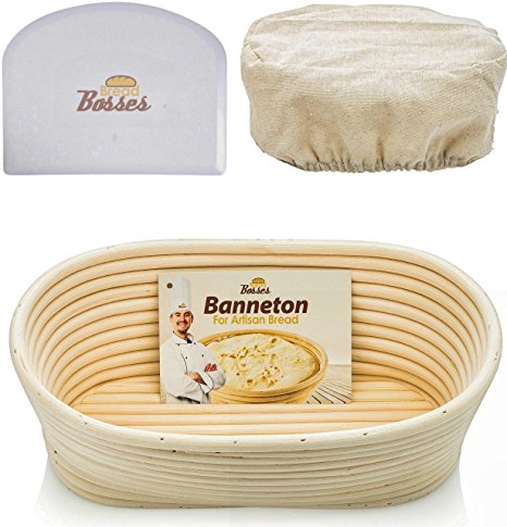 10 inch Oval Banneton Proofing Basket - Set for Professional & Home Bakers (Sourdough Recipe) w/Bowl Scraper & Brotform Cloth Liner